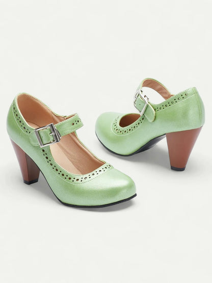 Retro Green Mary Jane Heels for Women - Perforated Design with Buckle Strap