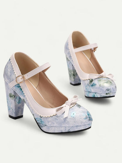 Floral White Platform Mary Jane Heels with Bow for Women