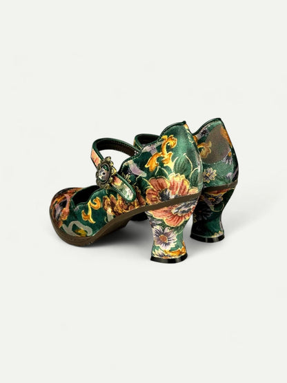 Vintage Floral Pattern Women's Heels with Decorative Buttons and Mary Jane Strap - Comfortable and Stylish Mid Heel Shoes