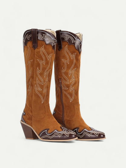 Women's Brown and Black Suede Western Cowboy Boots with Embroidered Details