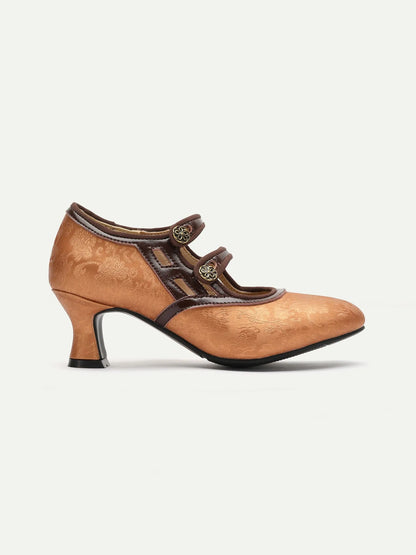 Women's Vintage Bronze Heels with Cutout Design, Double Mary Jane Straps, and Floral Embellishments - Elegant Retro Dress Shoes