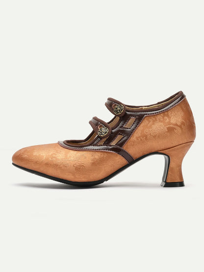 Women's Vintage Bronze Heels with Cutout Design, Double Mary Jane Straps, and Floral Embellishments - Elegant Retro Dress Shoes