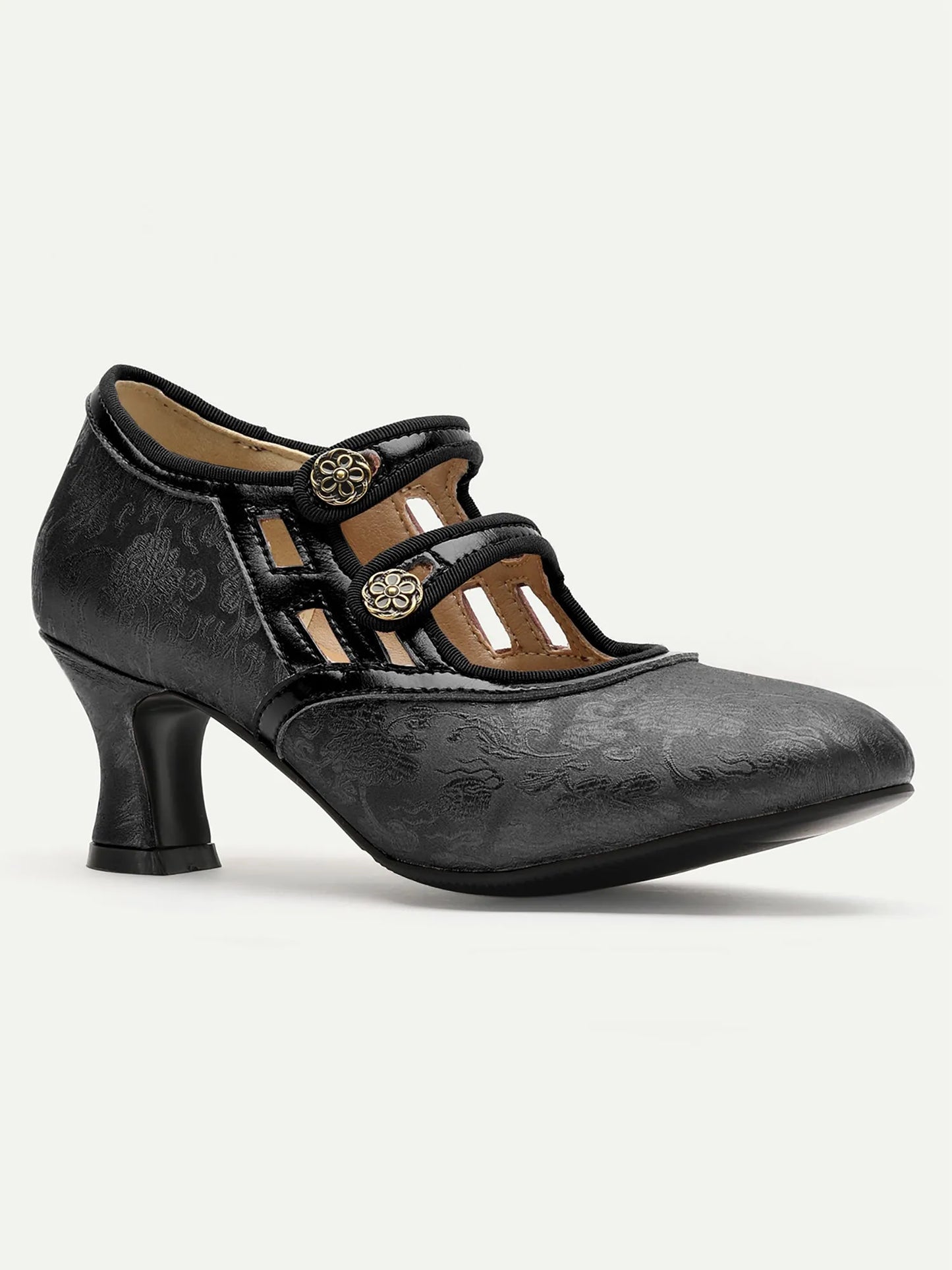 Women's Vintage Bronze Heels with Cutout Design, Double Mary Jane Straps, and Floral Embellishments - Elegant Retro Dress Shoes