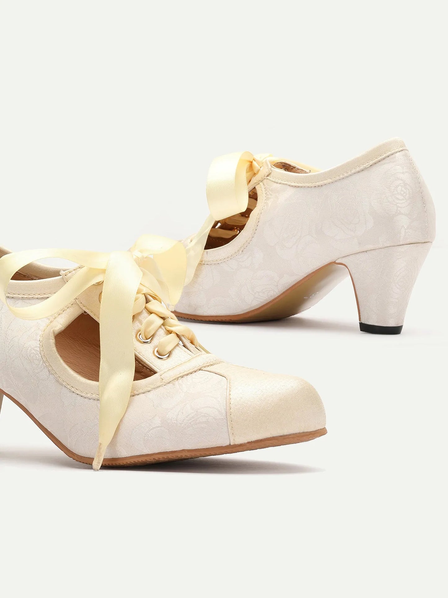 Elegant Vintage Lace-up Heels for Women - Ivory Floral Pattern with Ribbon Laces