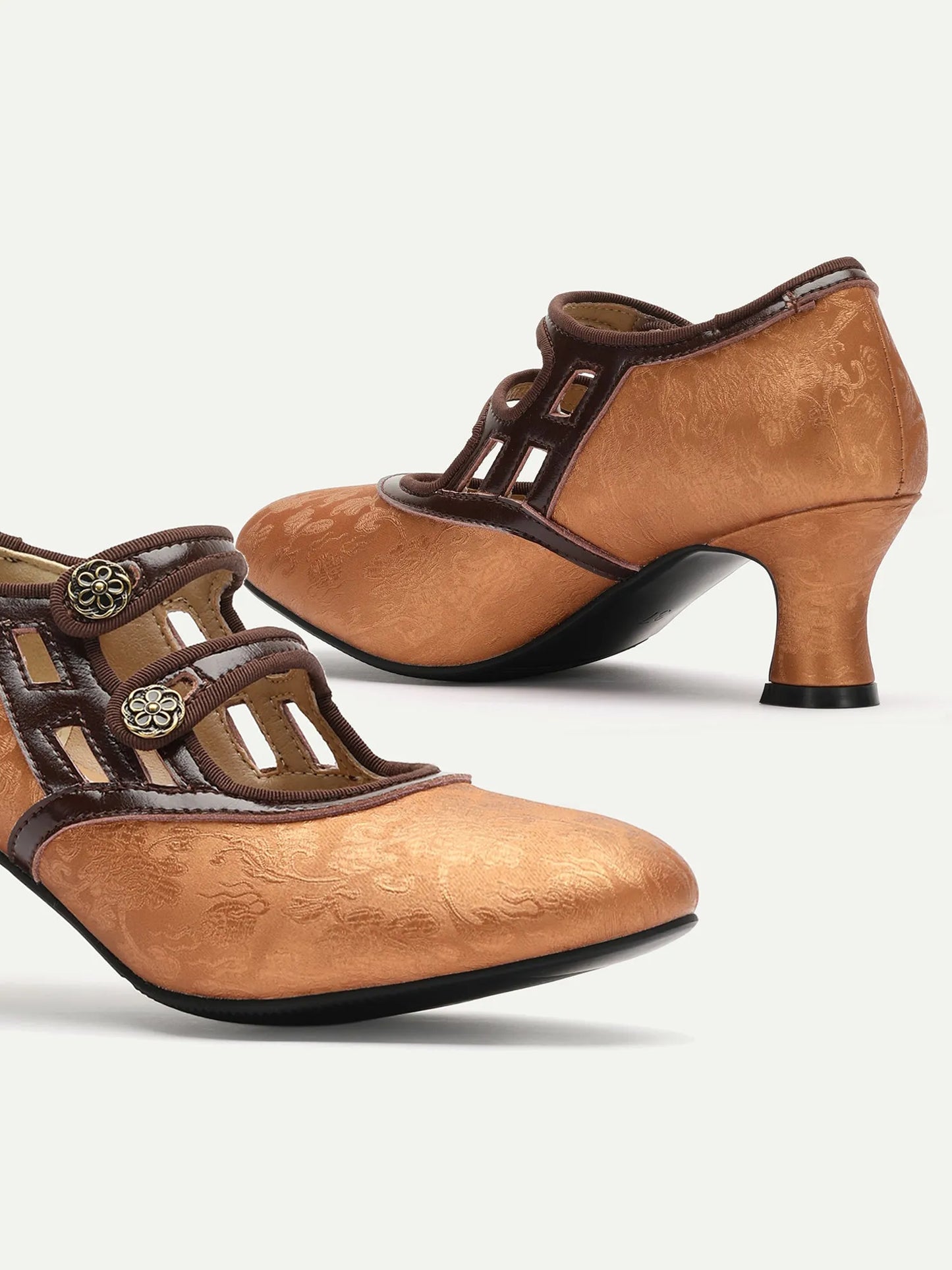 Women's Vintage Bronze Heels with Cutout Design, Double Mary Jane Straps, and Floral Embellishments - Elegant Retro Dress Shoes