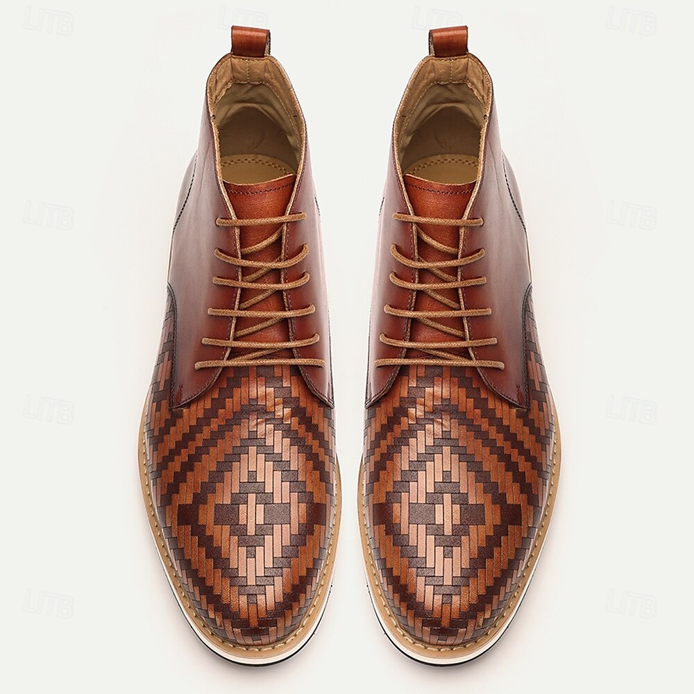 Men's Premium Cowhide Leather Lace-Up Ankle Boots with Woven Pattern