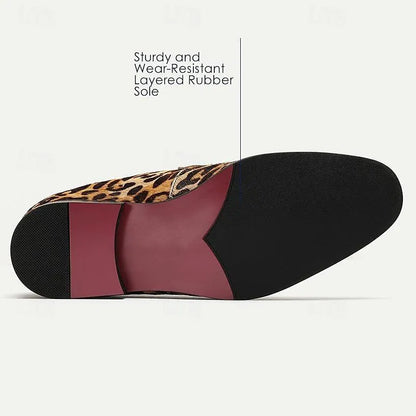 Men's Leopard Print Loafers: Bold Animal Pattern Slip-On Shoes with Stylish Strap - Tokiyos