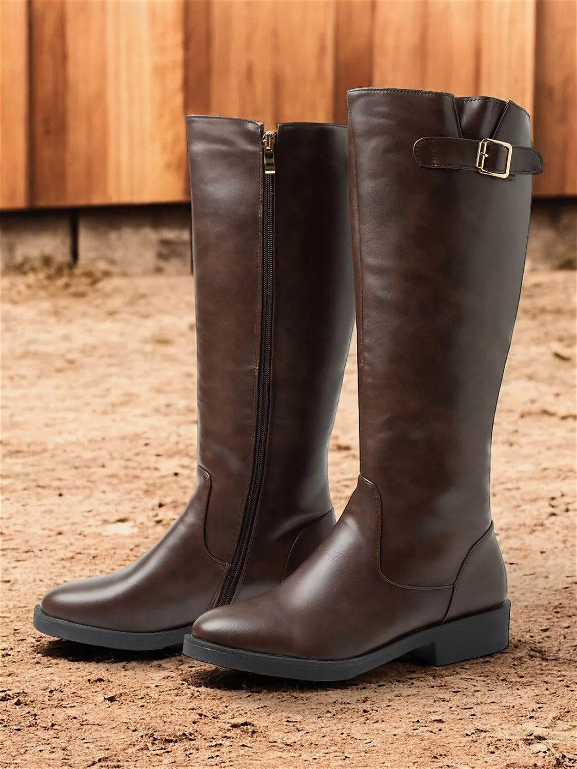 Women's Brown Knee-High Riding Boots with Buckle Detail and Side Zipper