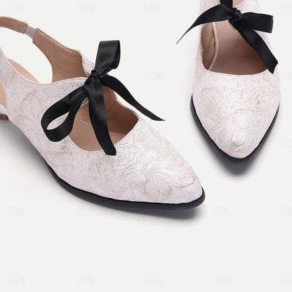 Women's White Lace Slingback Heels with Black Bow - Elegant Vintage Low Heel Pumps - Tokiyos