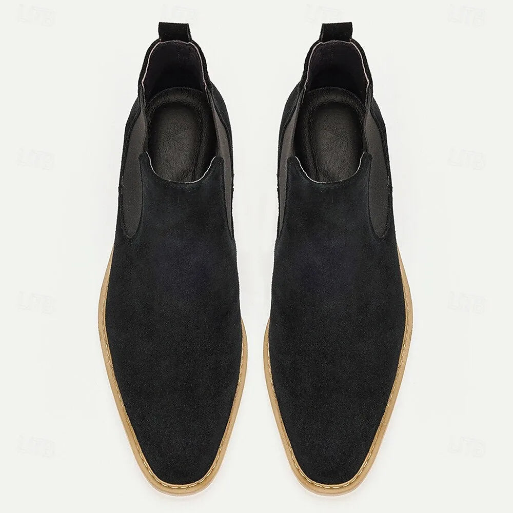 Men's Premium Cowhide Black Suede Chelsea Boots with Contrast Sole and Elastic Side Panels