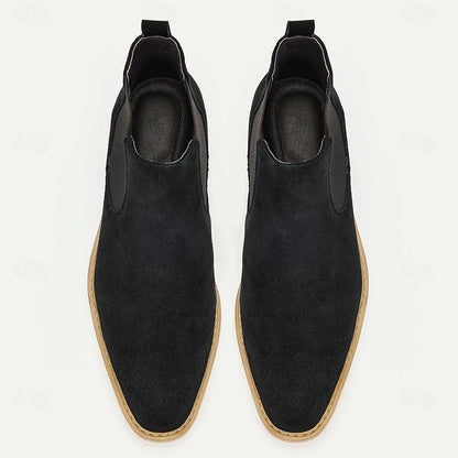 Men's Premium Cowhide Black Suede Chelsea Boots with Contrast Sole and Elastic Side Panels