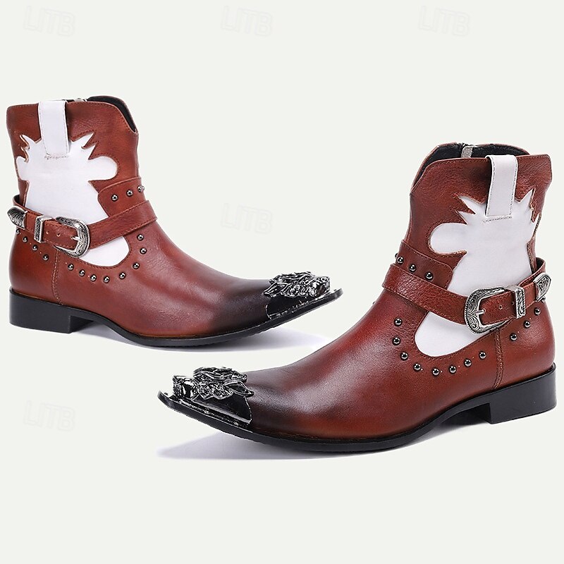 Men's Brown and White Premium Cowhide Motorcycle Boots with Western Style, Metal Dragon Toe Cap, and Buckle Strap - Ideal for Riding and Cowboy-Inspired Fashion