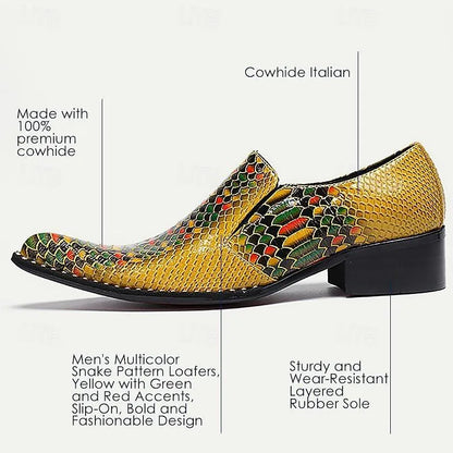 Men's Multicolor Snake Print Loafers: Vibrant Slip-On Shoes with Exotic Appeal - Tokiyos