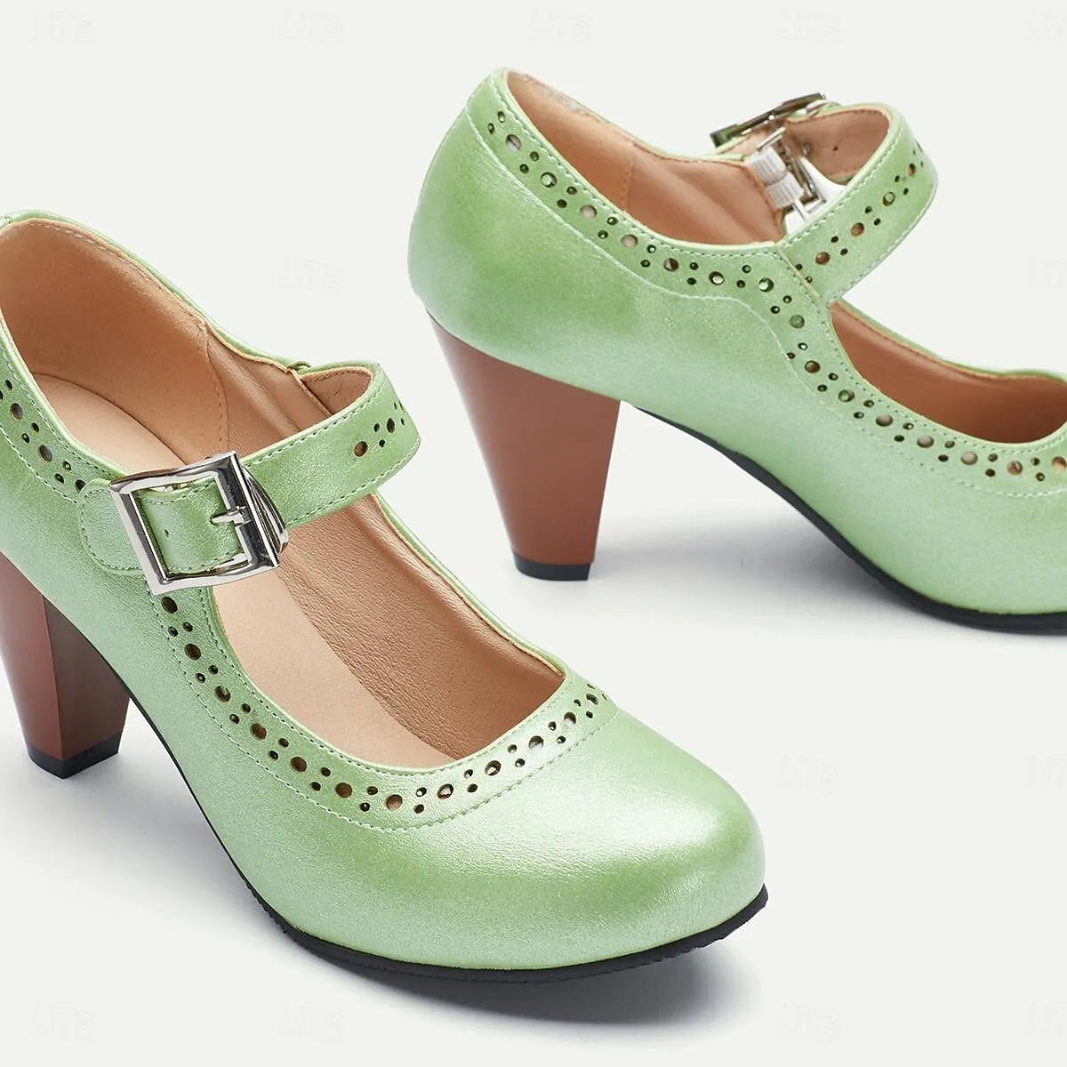 Retro Green Mary Jane Heels for Women - Perforated Design with Buckle Strap - Tokiyos