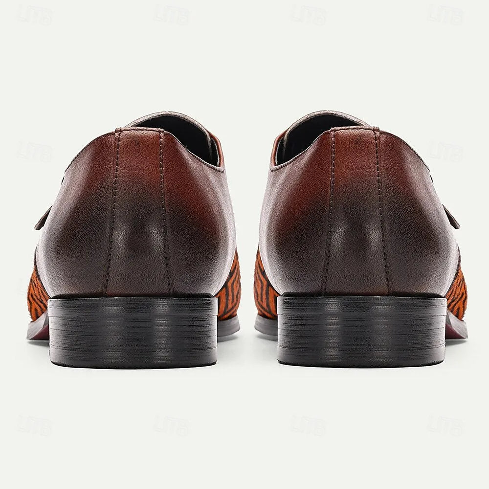 Men's Brown Leather Monk Strap Dress Shoes with Pony Hair Detailing, Luxury Formal Loafers for Business and Special Occasions