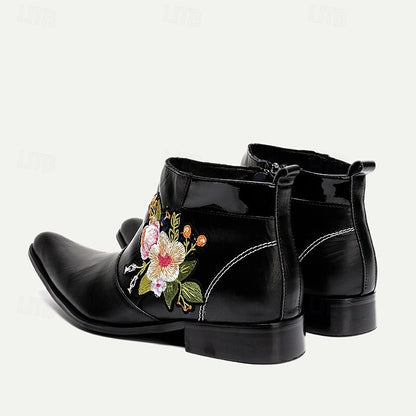 Men's Premium Cowhide Embroidered Leather Ankle Boots - Stylish Floral Design for Casual or Formal Wear