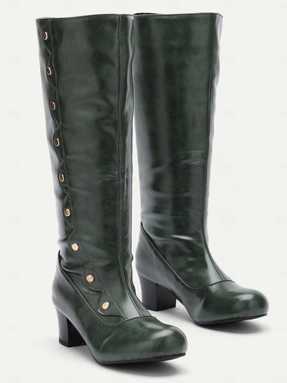 Vintage-Style Black Knee-High Boots with Decorative Buttons and Block Heels for Women