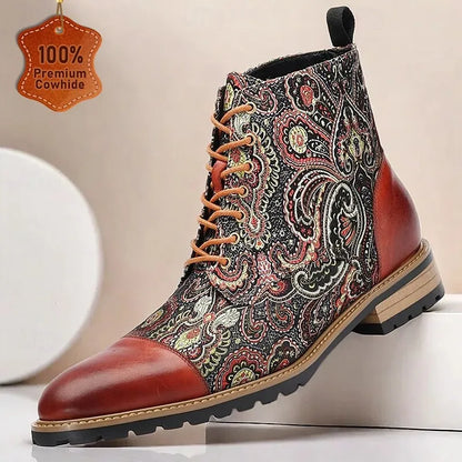 Men's Premium Cowhide and Jacquard Paisley Ankle Boots - Vintage Lace-Up Leather Boots with Rugged Sole for Casual and Formal Wear