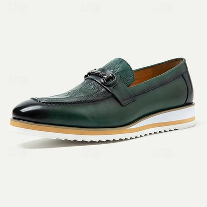 Men's Green Leather Loafers - Premium Cowhide Slip-On Dress Shoes with Buckle