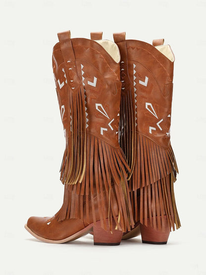 Women's Brown Faux Leather Fringe Western Cowboy Boots with Embroidered Details