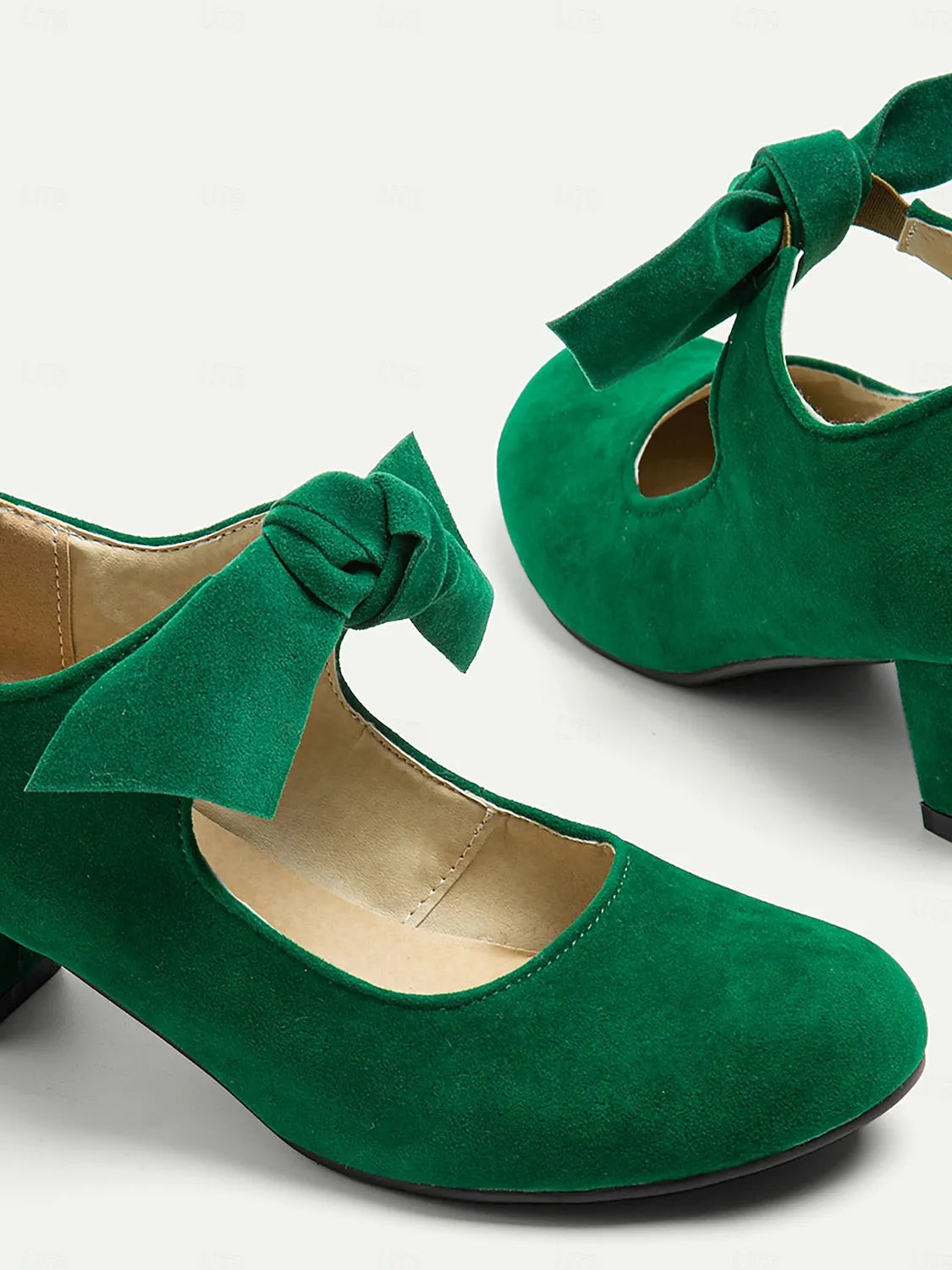 Women's Green Suede Mary Jane Shoes with Bow Detail