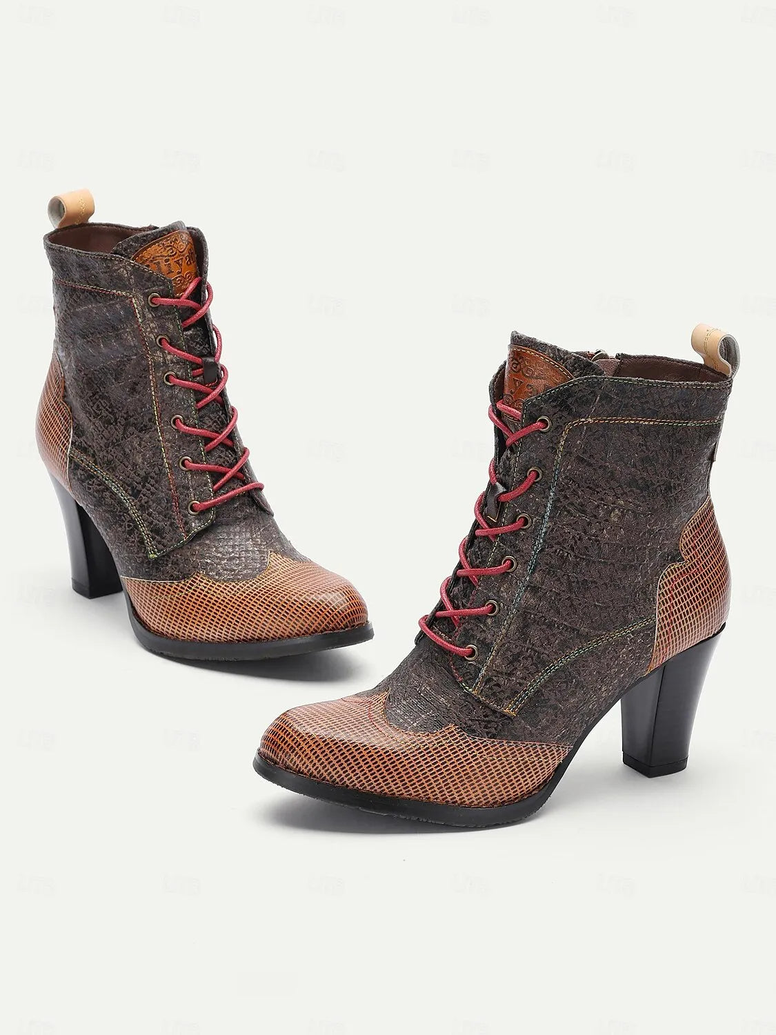 Vintage-Style Coffee Lace-Up Ankle Boots with Chunky Heels for Women