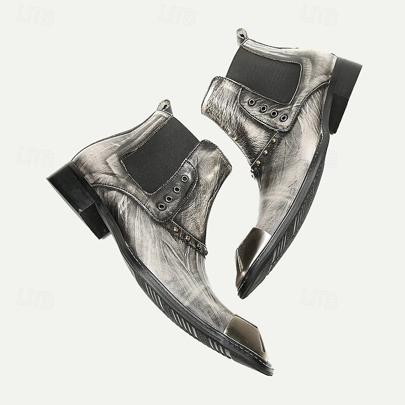 Men's Metallic Silver Leather Chelsea Motorcycle Boots-Pointed Toe Ankle Boots