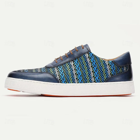 Men's Blue and Green Woven Leather Sneakers - Breathable Pattern Lace-Up Casual Shoes