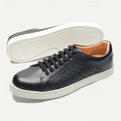 Men's Black Leather Sneakers with Mesh Panel Design - Casual Lace-Up Low-Top Shoes for Everyday Wear