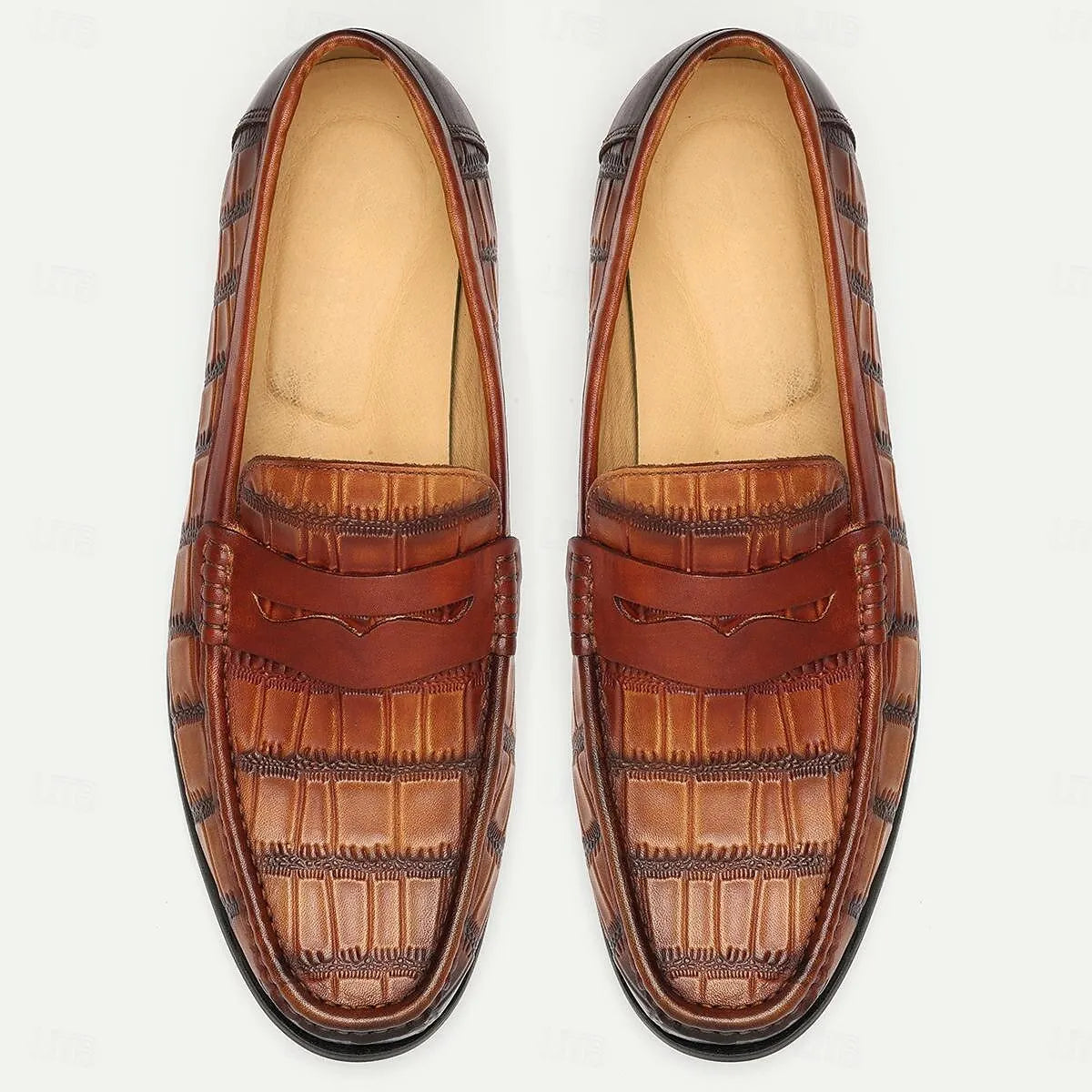 Men's Brown Crocodile Print Leather Penny Loafers - Tokiyos