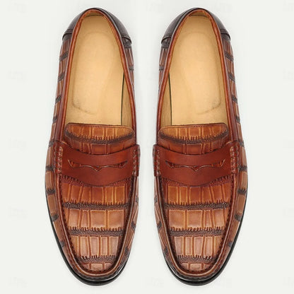 Men's Brown Crocodile Print Leather Penny Loafers - Tokiyos