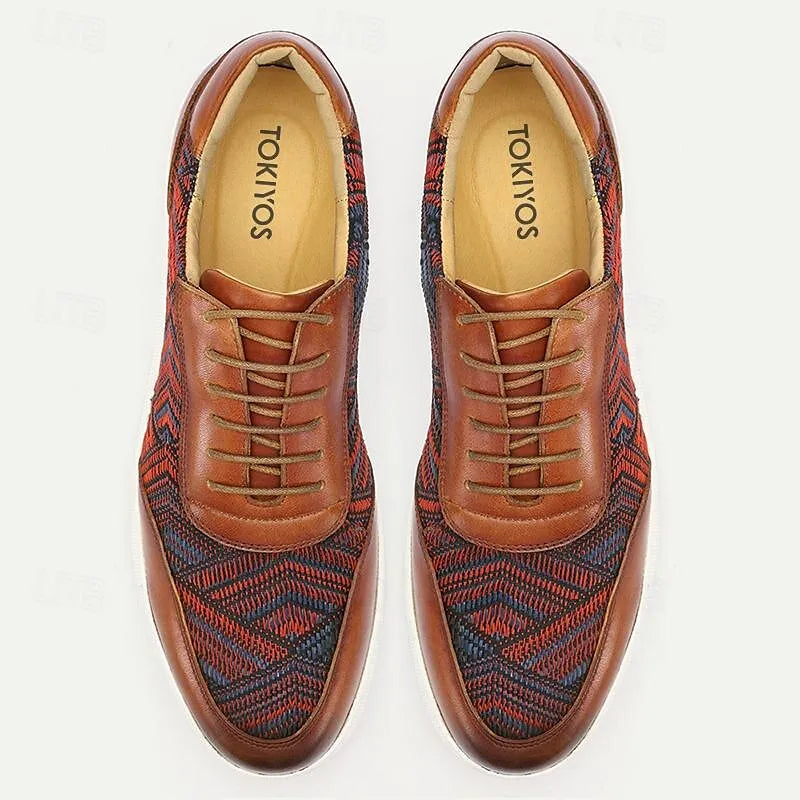 Men's Brown Leather Woven Sneakers - Breathable Red and Blue Pattern Lace-Up Casual Shoes