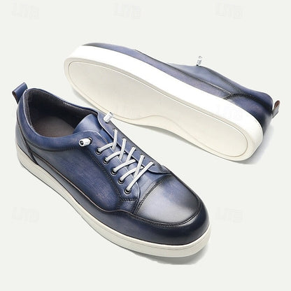 Men's Premium Cowhide Leather Casual Sneakers with Lace-Up Design and White Sole