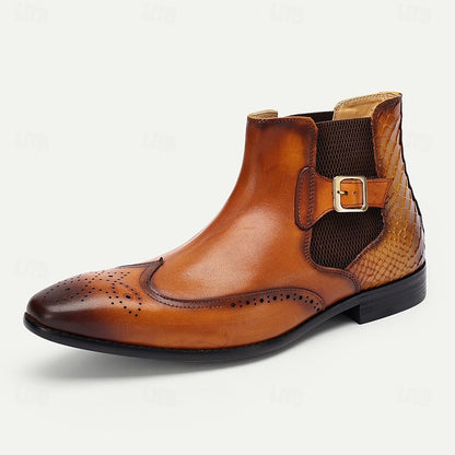 Men's Brown Ankle Boots with Brogue Detailing & Snakeskin Accent - Premium Cowhide Leather Dress Boots for Formal & Casual Wear