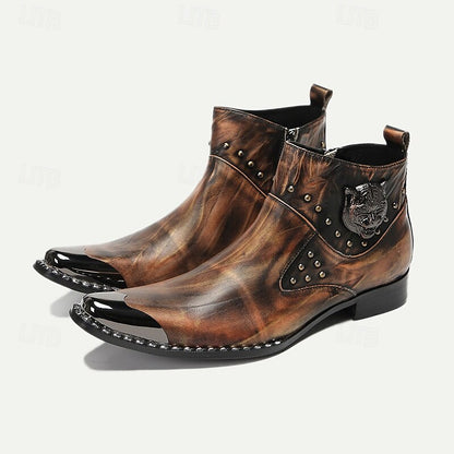 Men's Premium Cowhide Leather Motorcycle Boots with Studded Design, Brown Gradient Finish, and Metallic Detailing - Perfect for Biker Style and Casual Outfits