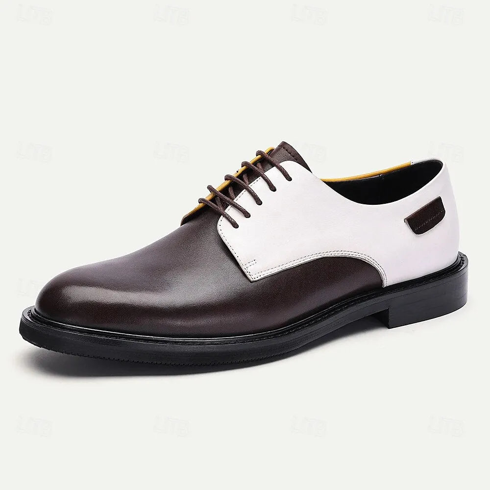 Men's Tri-Color Leather Oxford Shoes, Brown, White, and Yellow Lace-Up Dress Shoes, Perfect for Formal Events and Stylish Business Attire