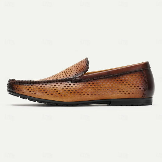 Men's Brown Perforated Leather Slip-On Loafers - Tokiyos