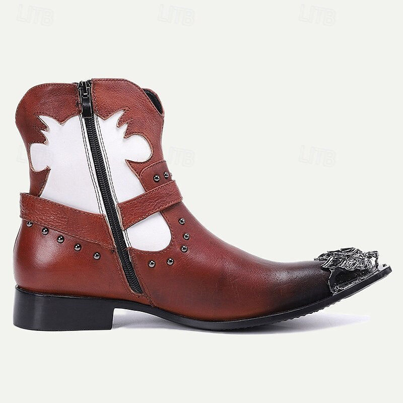 Men's Brown and White Premium Cowhide Motorcycle Boots with Western Style, Metal Dragon Toe Cap, and Buckle Strap - Ideal for Riding and Cowboy-Inspired Fashion