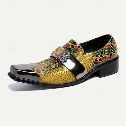 Men's Green and Gold Snakeskin Loafers with Jewel-Encrusted Buckle - Tokiyos