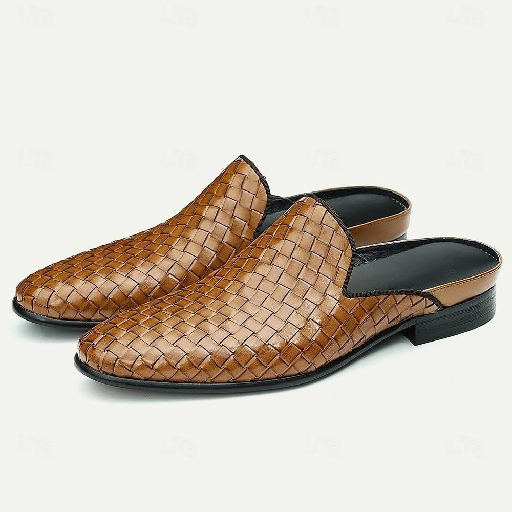 Men's Brown Woven Leather Mules Slip-On Roman Loafers - Tokiyos