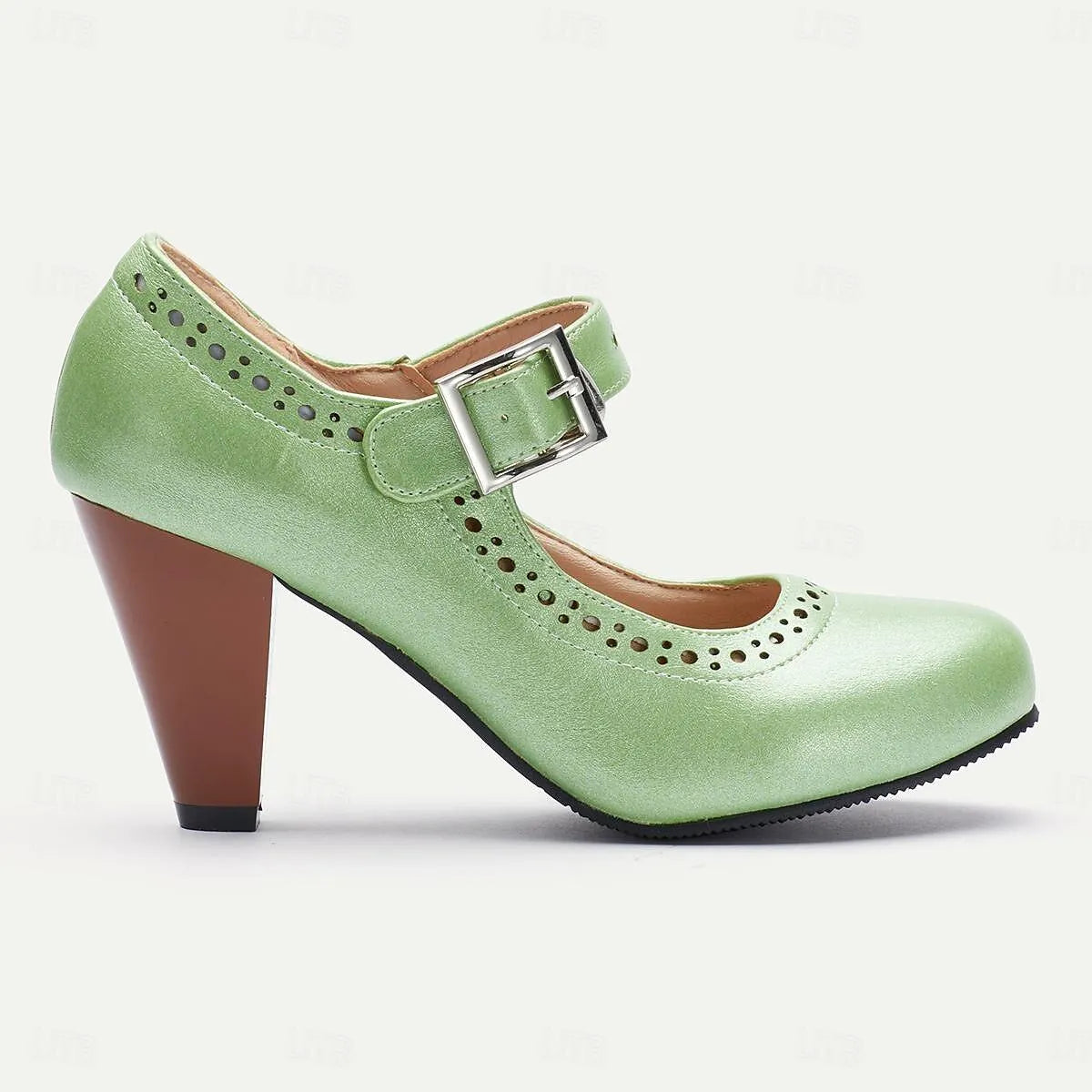 Retro Green Mary Jane Heels for Women - Perforated Design with Buckle Strap - Tokiyos