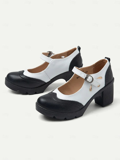 Women's Vintage Black and White Mary Jane Chunky Heel Shoes - Retro Brogue Style for Office and Casual Wear