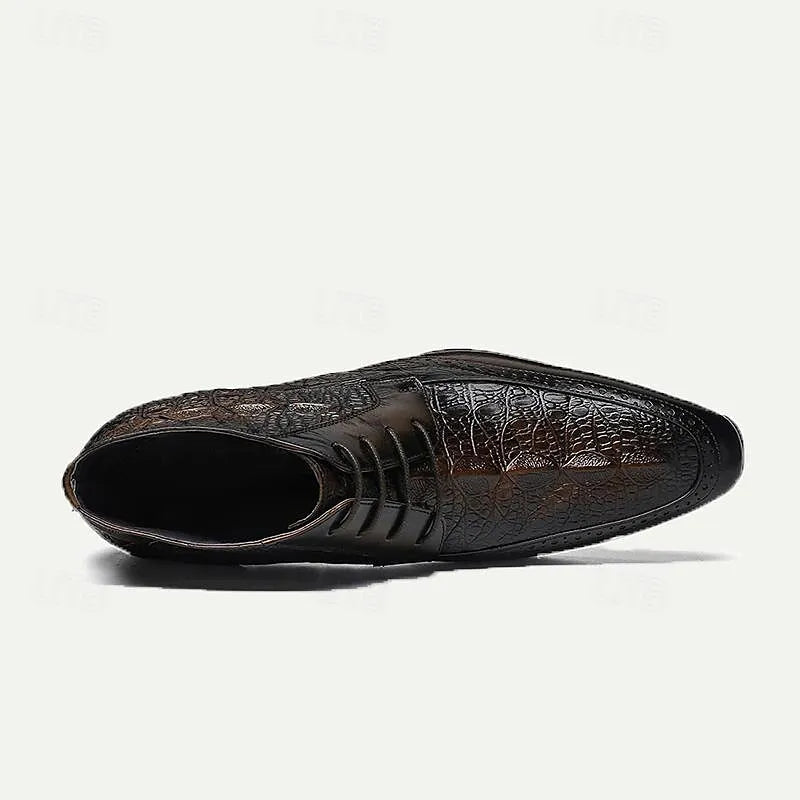 Men's Premium Cowhide Dress Shoes with Embossed Crocodile Pattern and Black Accents