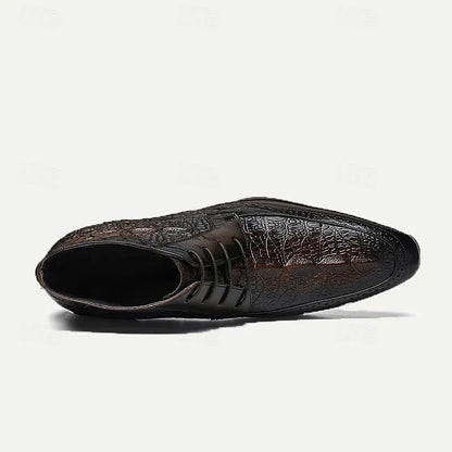 Men's Premium Cowhide Dress Shoes with Embossed Crocodile Pattern and Black Accents