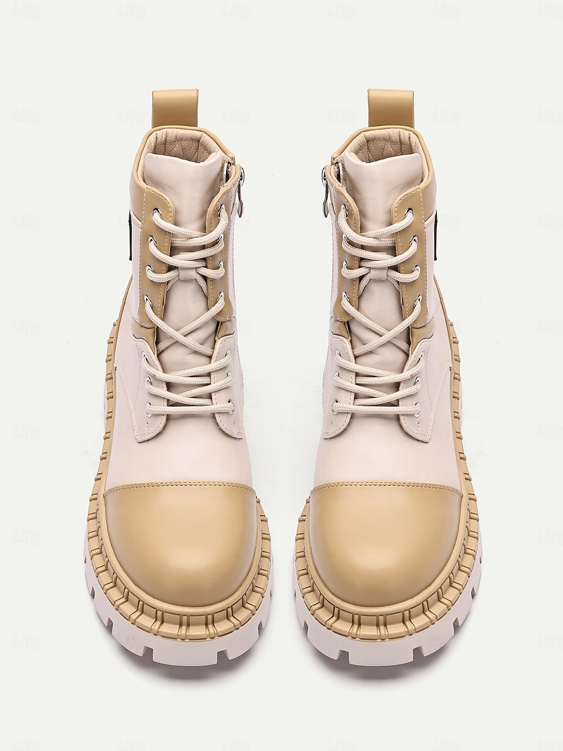 Women's Beige and Cream Chunky Combat Boots with Rugged Sole and Lace-Up Design - Streetwear and Outdoor Fashion