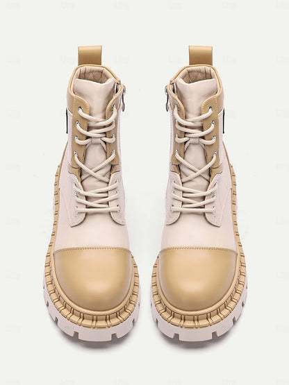 Women's Beige and Cream Chunky Combat Boots with Rugged Sole and Lace-Up Design - Streetwear and Outdoor Fashion