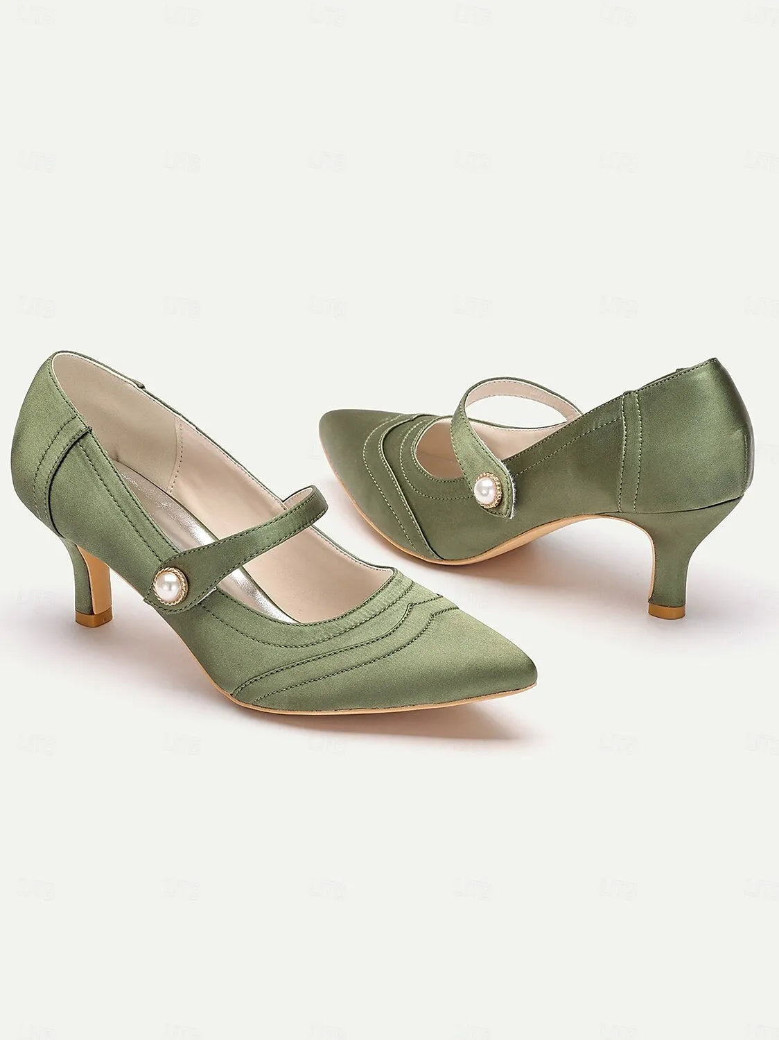 Green Mary Jane Satin Heels with Pearl Button - Elegant Women's Dress Shoes for Formal Events and Office Wear