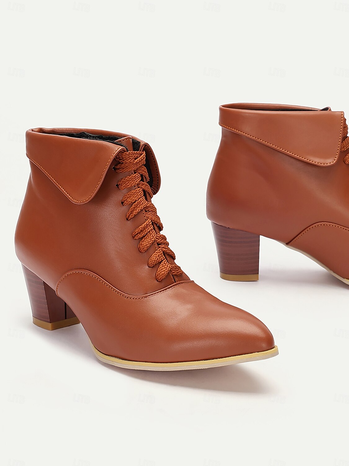 Women's Brown Lace-Up Ankle Boots with Low Block Heel