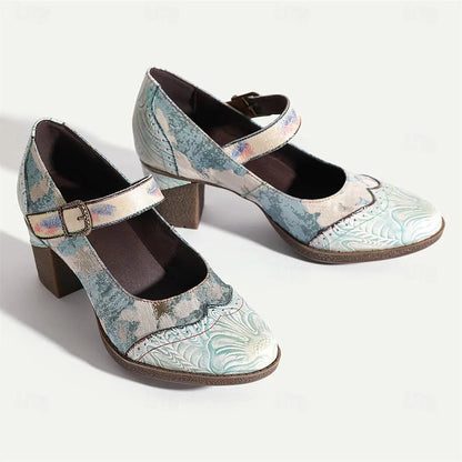 Women's Pastel Print Buckle Strap Chunky Heel Pumps - Tokiyos