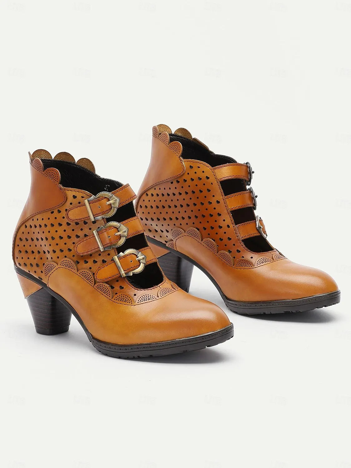 Vintage-Style Light Brown Buckle Strap Ankle Boots with Perforated Design for Women